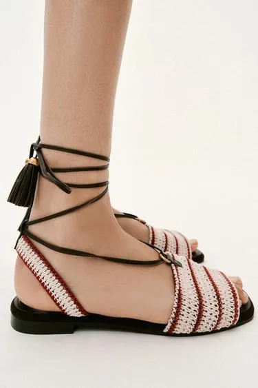 Полосатые текстильные сандалии на шнуровке- Заказать в России