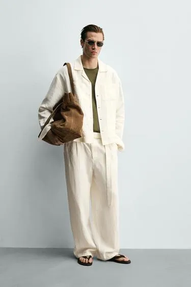 Брюки Relaxed Fit из 100% льна с ремнем