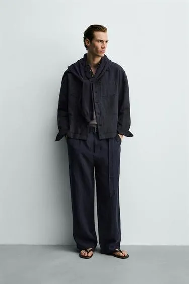 Брюки свободного кроя из 100% льна с ремнем