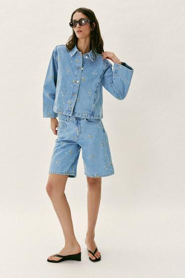 Zara Джинсовая куртка Z1975 с вышивкой в виде цветов, комплект