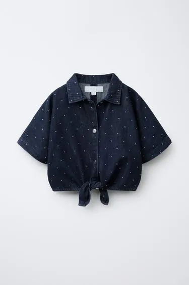 Джинсовая рубашка со стразами и бантом- Заказать в России