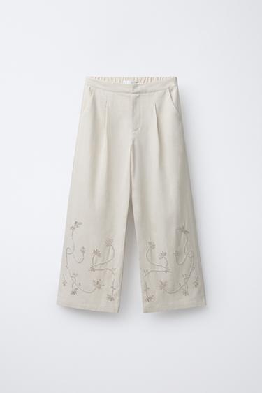 Брюки Wide Leg с бусинами, из льна и хлопка- Заказать в России