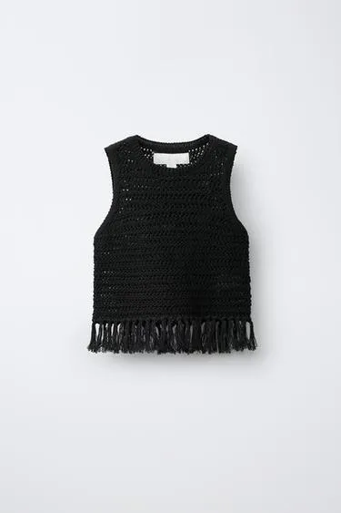 Ажурный трикотажный топ с бахромой- Заказать в России