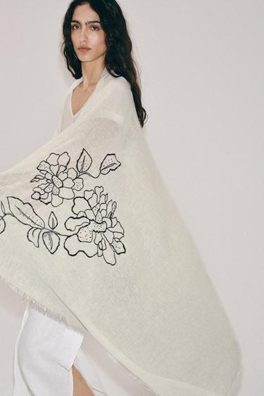 Zara Платок из льна с вышивкой