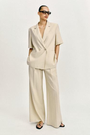 Zara Двубортный блейзер из смесового льна с короткими рукавами