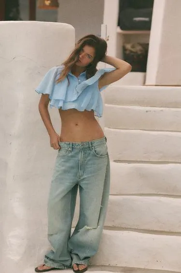 Укороченная рубашка с воланами- Заказать в России