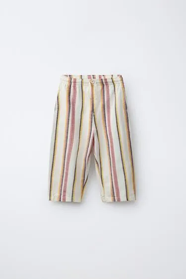 Брюки Baggy в полоску из хлопка и льна- Заказать в России