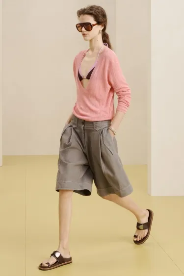 Вязаный льняной джемпер с v-образным вырезом- Заказать в России