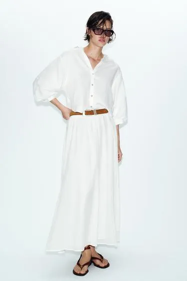 Рубашка из смесового льна с объемными рукавами- Заказать в России