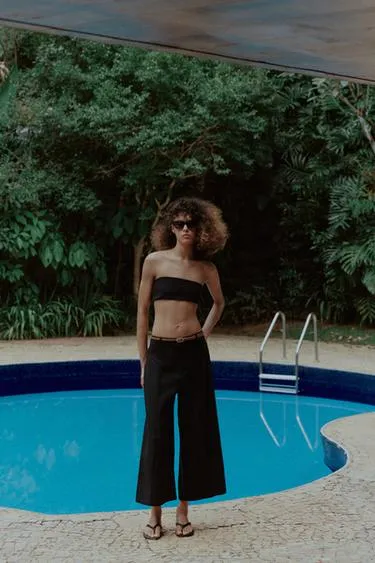 Брюки-кюлоты из смесового льна с плетеным поясом- Заказать в России