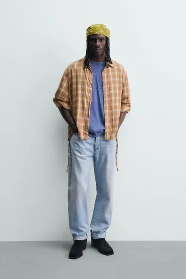 Рубашка свободного кроя в клетку с завязками- Заказать в России