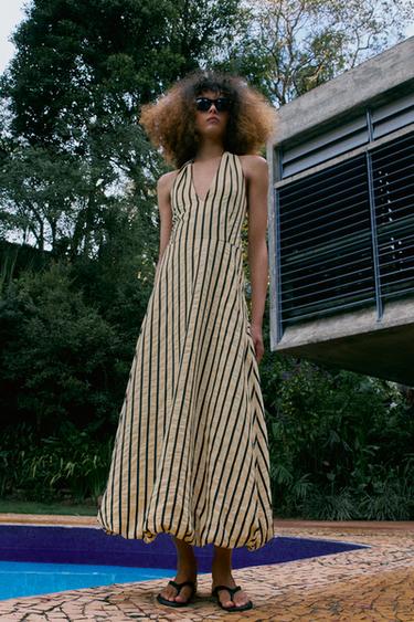 Платье миди-баллон в полоску- Заказать в России