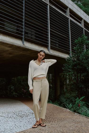 Zara Брюки  из льна с декоративной строчкой