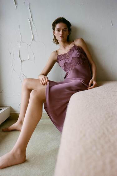 Zara Атласное платье с вышивкой и кружевом купить с доставкой.