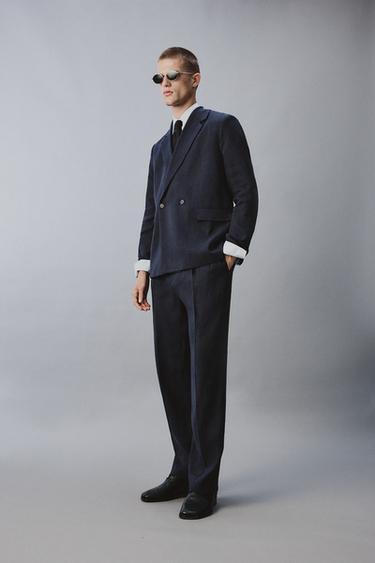 Zara Двубортный костюмный блейзер из смесового льна и хлопка