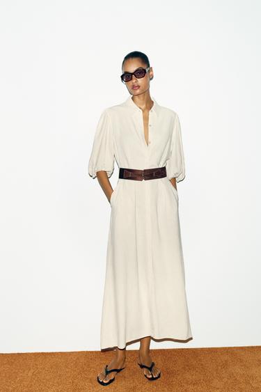 Zara Платье миди из льна с поясом