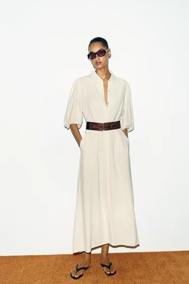 Платье миди из льна с поясом- Заказать в России