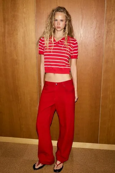 Zara Трикотажное поло в полоску с коротким рукавом