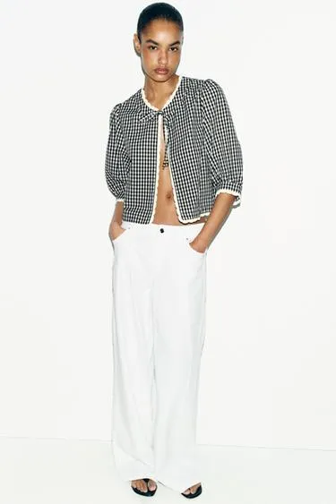 Zara Топ в клетку виши с вязаными элементами