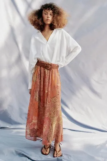 Юбка миди с принтом и поясом- Заказать в России