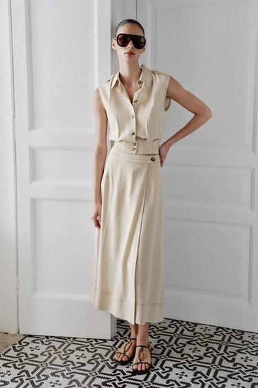 Zara Юбка миди на запах из смесового льна