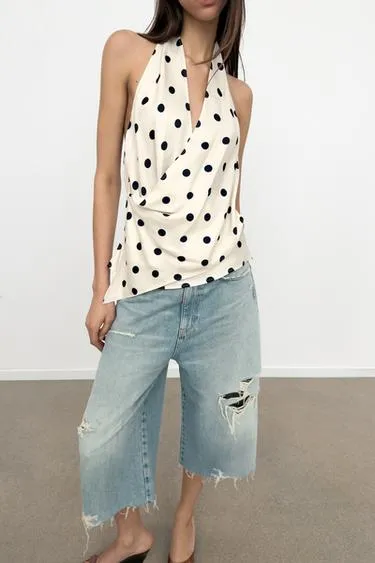 Атласный топ халтер в горошек