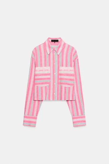 Укороченная рубашка в полоску с кружевом- Заказать в России