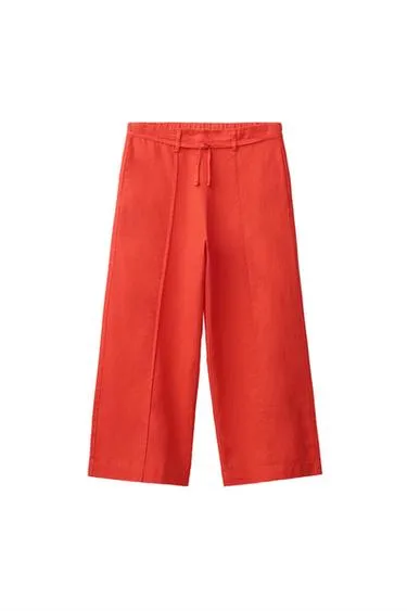 Прямые брюки из смесового льна со шнурком- Заказать в России