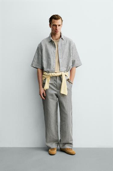 Zara Брюки в полоску из хлопка и льна