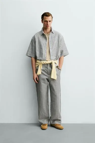 Брюки в полоску из хлопка и льна