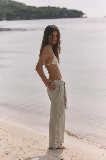 Брюки из льна в полоску с поясом