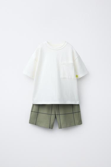 Комплект джоггинг: футболка с карманом и бермуды в клетку- Заказать в России