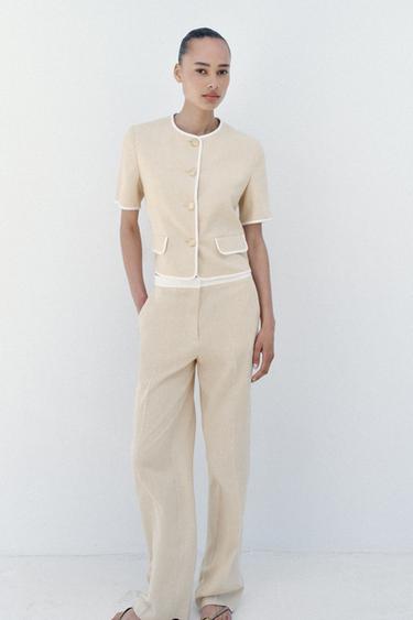 Zara Прямые брюки из льна с контрастным поясом купить с доставкой.