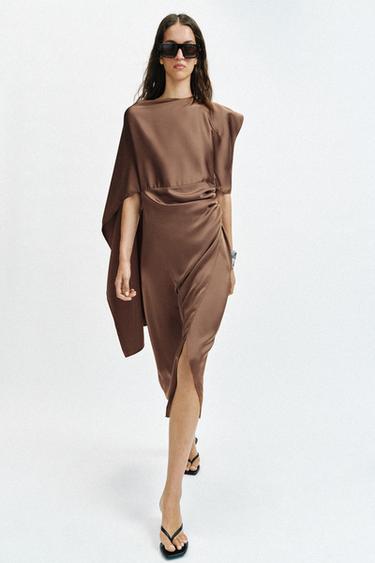 Zara Атласное платье миди с накидкой купить с доставкой.