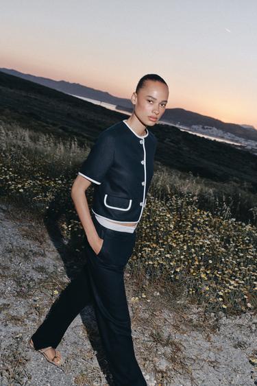 Zara Блейзер из смесового льна с короткими рукавами и контрастным кантом купить с доставкой.