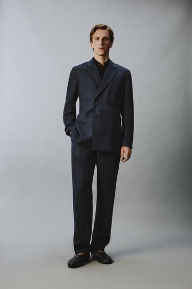 Zara Пиджак с двубортной застежкой из 100% льна в косую клетку