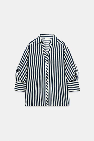 Zara Рубашка в полоску из смесового льна с объемными рукавами