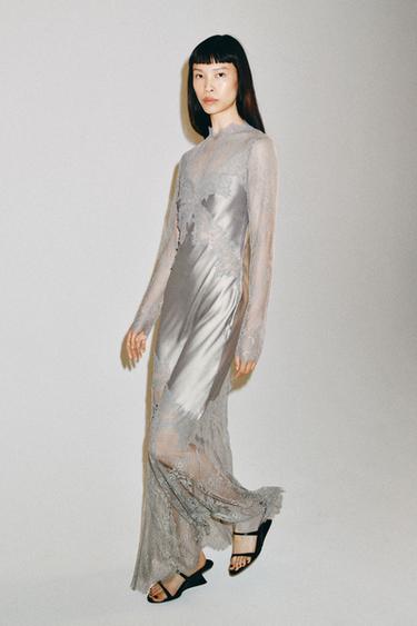 Zara Атласное платье с кружевом — ZW COLLECTION