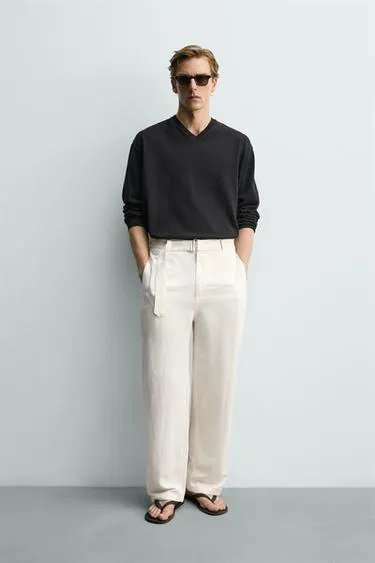 Брюки Relaxed Fit из вискозы и льна с ремнем- Заказать в России