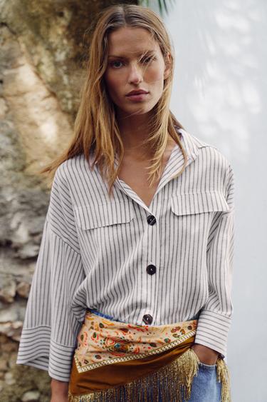 Zara Рубашка в полоску из льна купить с доставкой.