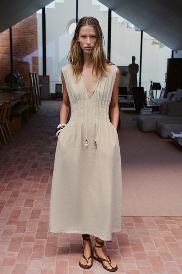 Zara Платье миди из льна со шнуровкой