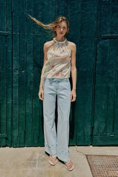 Zara Топ с горловиной халтер и цветочным принтом