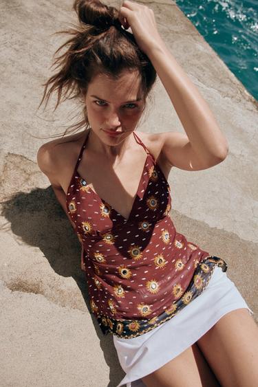 Zara Топ с горловиной халтер из жоржета с бусинами купить с доставкой.