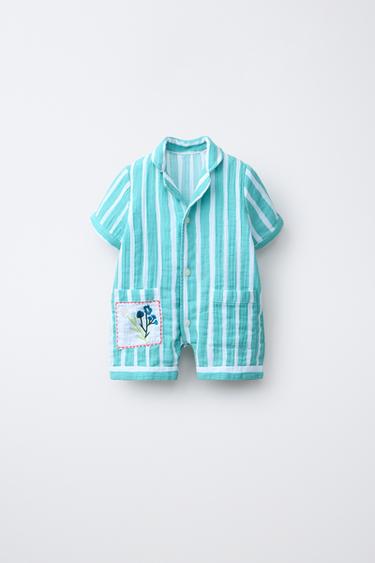 Zara 1 месяц-2 года/ комбинезон в полоску с цветочной вышивкой