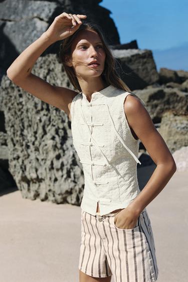 Zara Джинсовые шорты Z1975 в полоску с бахромой