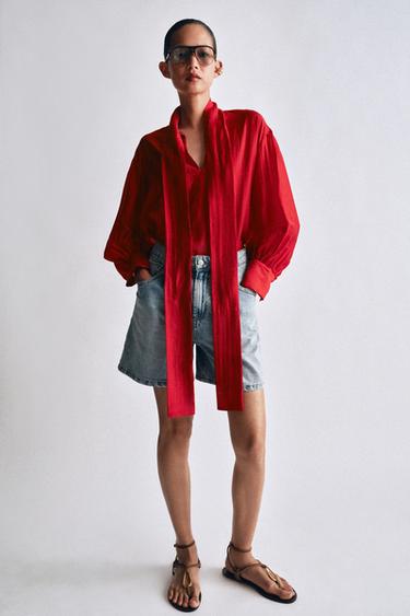 Zara Атласная рубашка с завязками — коллекция ZARA «ZW» купить с доставкой.