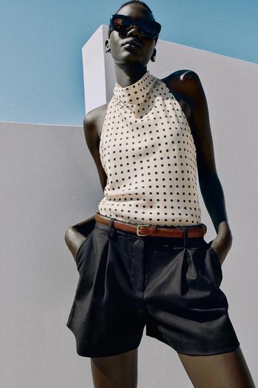 Zara Атласный топ с горловиной халтер и анималистическим принтом