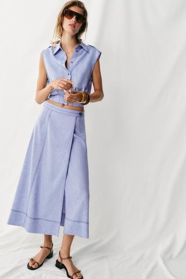 Zara Льняная юбка на запáхе со строчкой