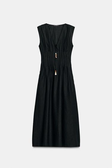 Zara Льняное платье миди с декоративными защипами