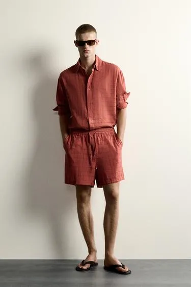 Рубашка Relaxed Fit из жаккарда в клетку (лен и хлопок)